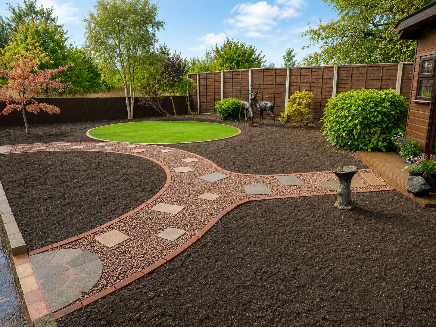 Garden landscaping in progress with carefully formed paths and prepared planting beds