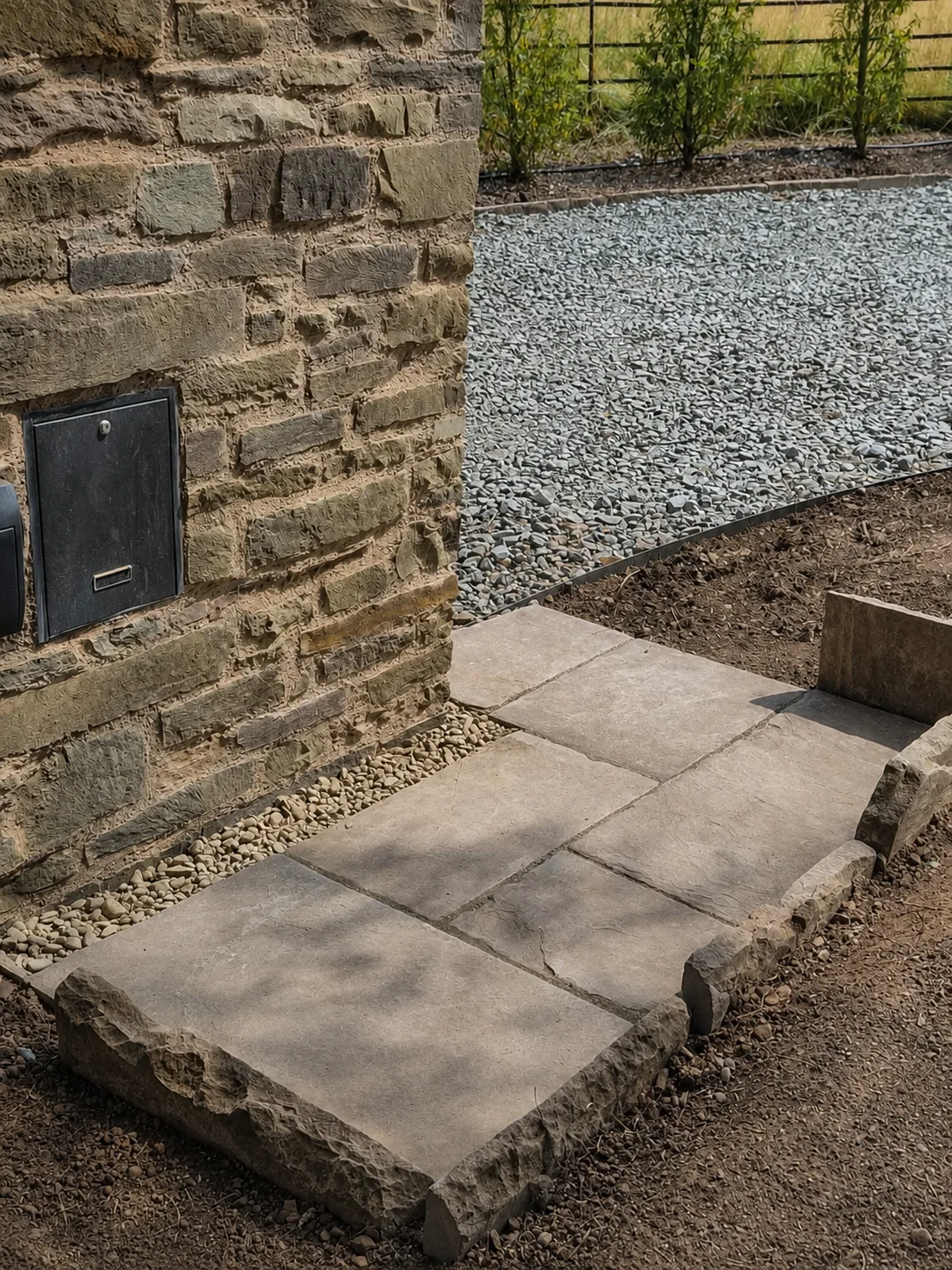 Large natural-stone steps and paving beside traditional stonework