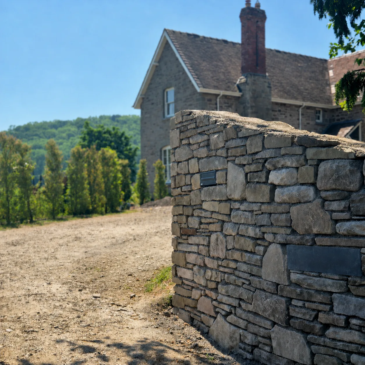 Traditional stone entrance wall beside a rural Herefordshire property